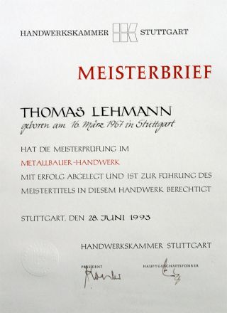 Meisterbrief Thomas Lehmann
